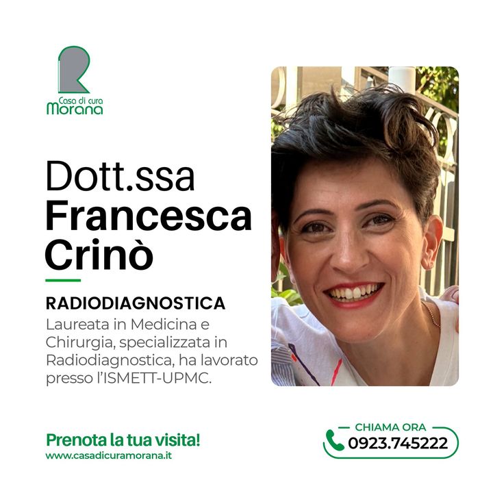 Presentiamo la 𝗹𝗮 𝗗𝗼𝘁𝘁.𝘀𝘀𝗮 𝗙𝗿𝗮𝗻𝗰𝗲𝘀𝗰𝗮 𝗖𝗿𝗶𝗻ò, Specializzata in Radiodiagnosica.🩺

👨‍⚕️ Dal